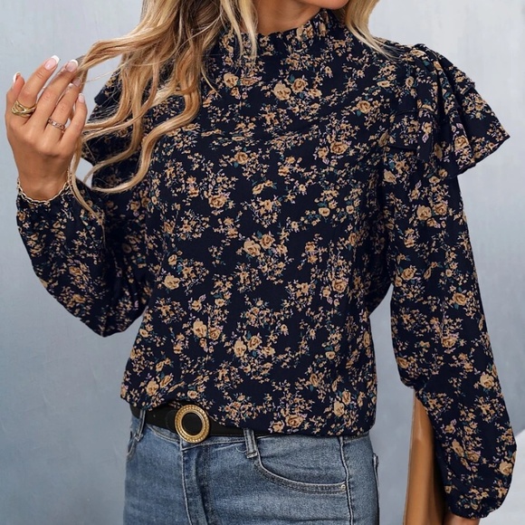 Boho Floral Print Ruffle Cottagecore Blouse - Picture 2 of 4